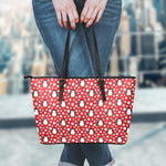 Red Snow Penguin Pattern Print Leather Tote Bag