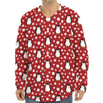 Red Snow Penguin Pattern Print Long Sleeve Baseball Jersey
