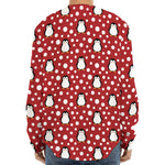 Red Snow Penguin Pattern Print Long Sleeve Baseball Jersey