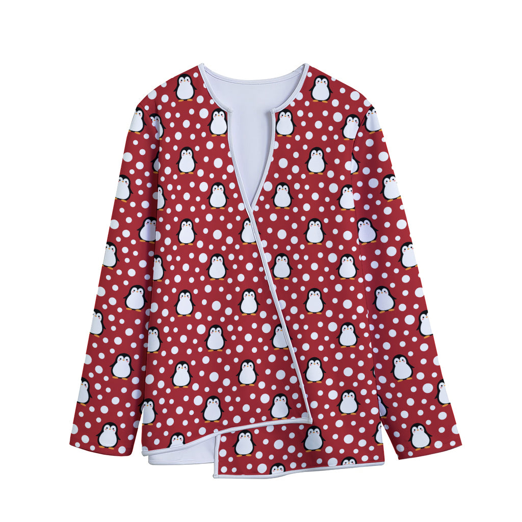 Red Snow Penguin Pattern Print Long Sleeve Short Coat