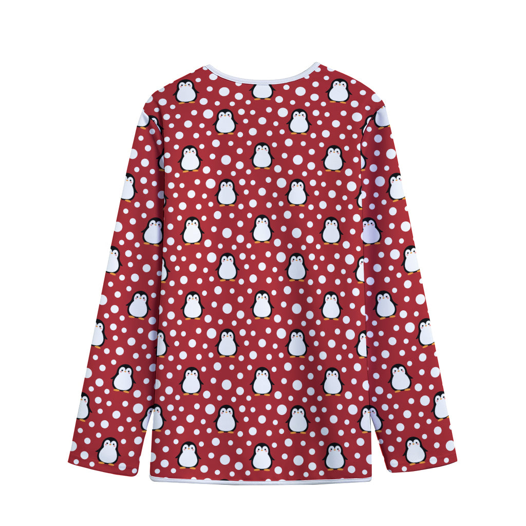 Red Snow Penguin Pattern Print Long Sleeve Short Coat