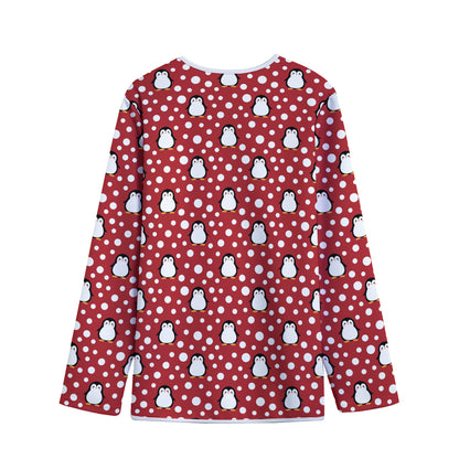 Red Snow Penguin Pattern Print Long Sleeve Short Coat