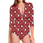 Red Snow Penguin Pattern Print Long Sleeve Swimsuit