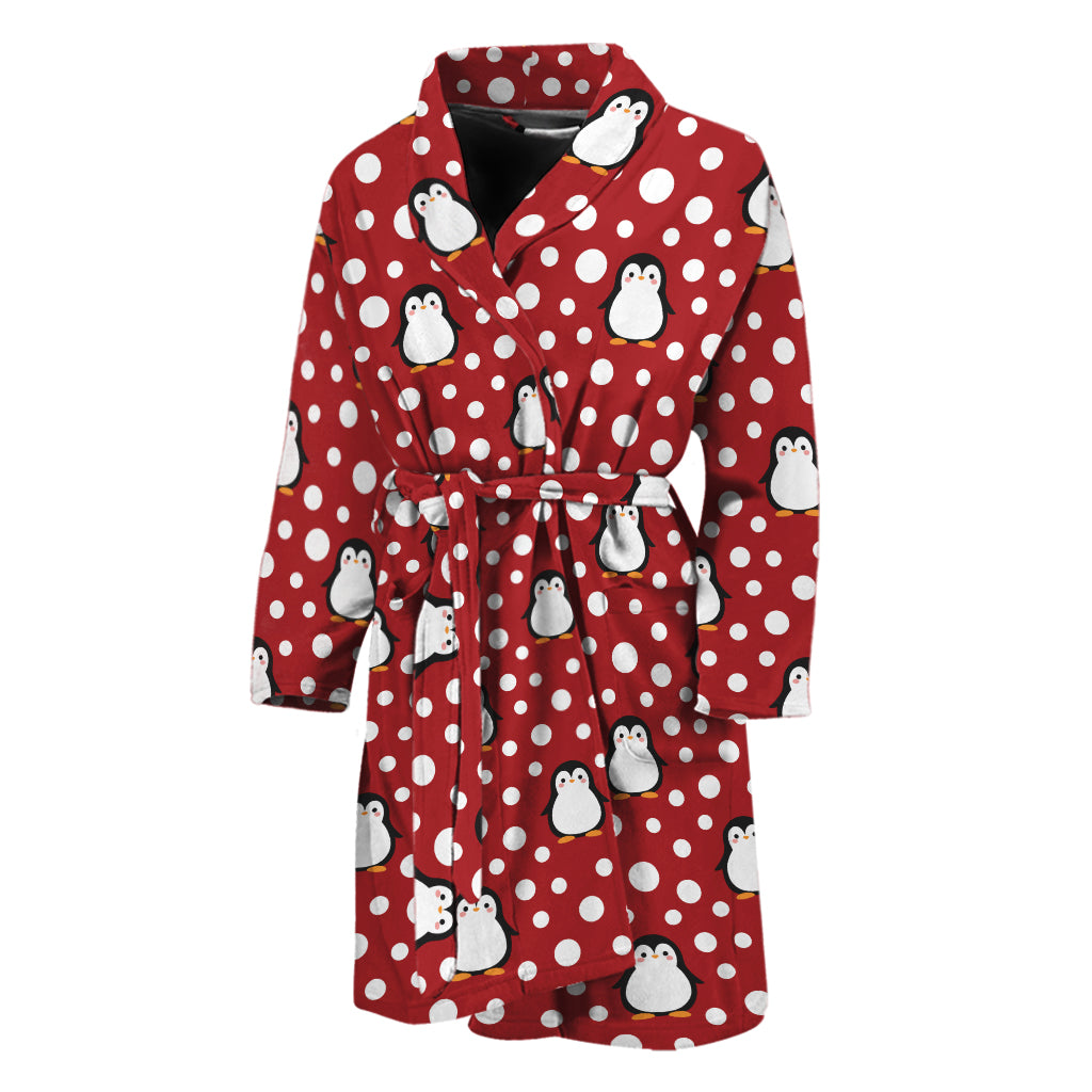 Red Snow Penguin Pattern Print Men's Bathrobe