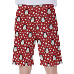 Red Snow Penguin Pattern Print Men's Beach Shorts