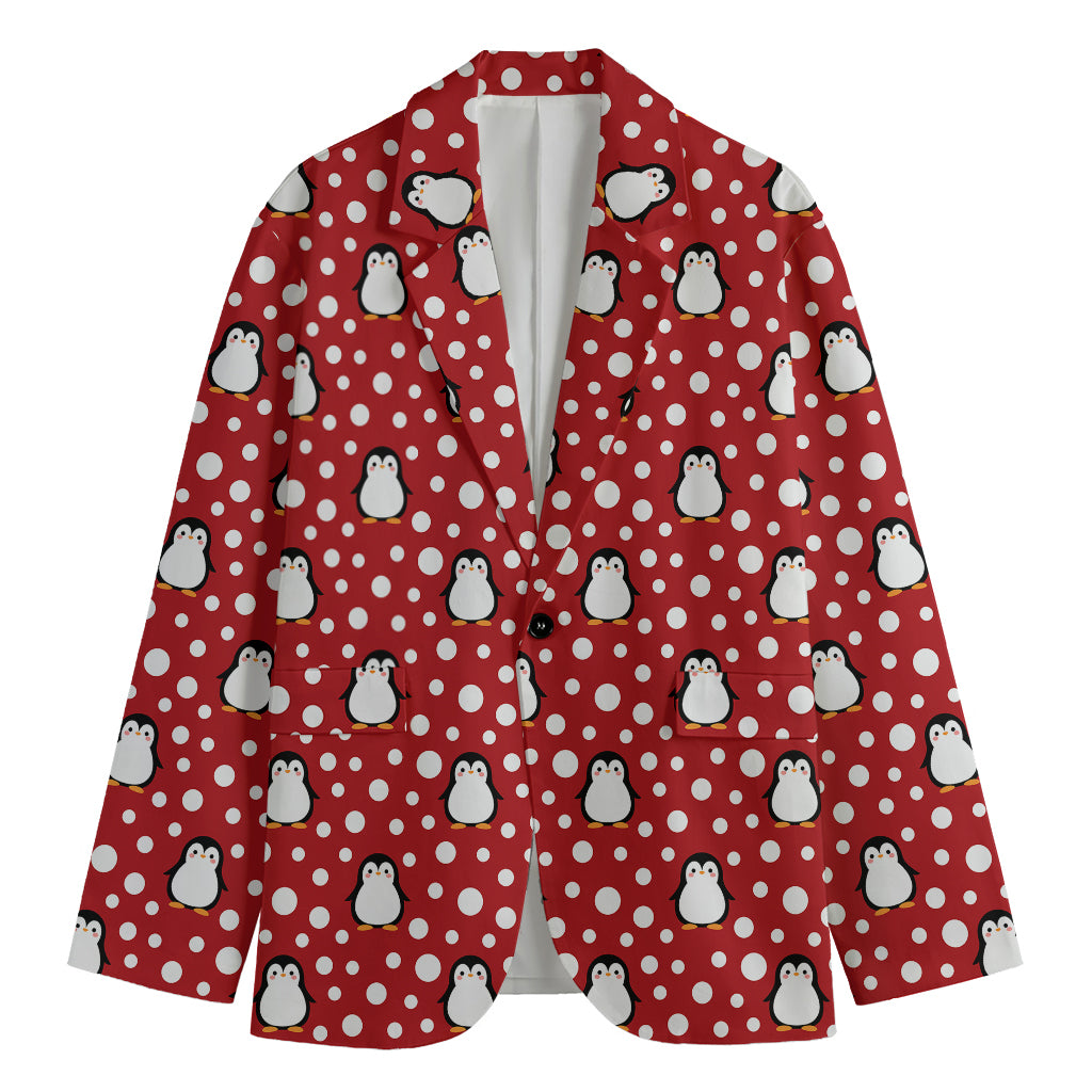 Red Snow Penguin Pattern Print Men's Blazer