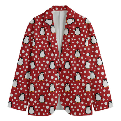 Red Snow Penguin Pattern Print Men's Blazer