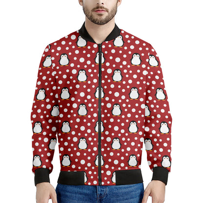 Red Snow Penguin Pattern Print Men's Bomber Jacket