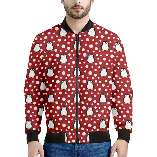 Red Snow Penguin Pattern Print Men's Bomber Jacket