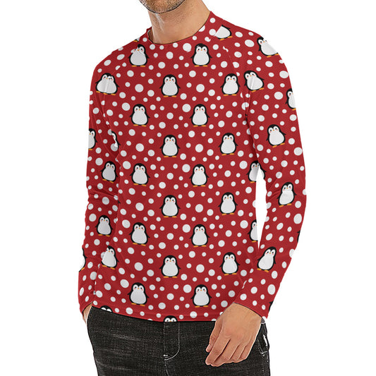 Red Snow Penguin Pattern Print Men's Long Sleeve Rash Guard