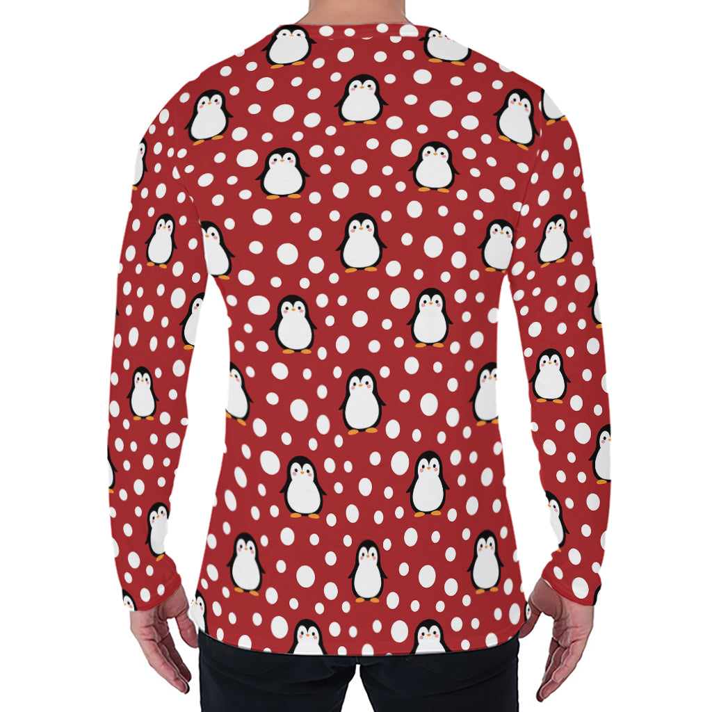 Red Snow Penguin Pattern Print Men's Long Sleeve T-Shirt