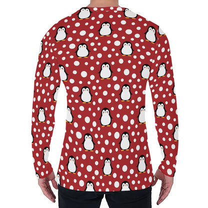 Red Snow Penguin Pattern Print Men's Long Sleeve T-Shirt