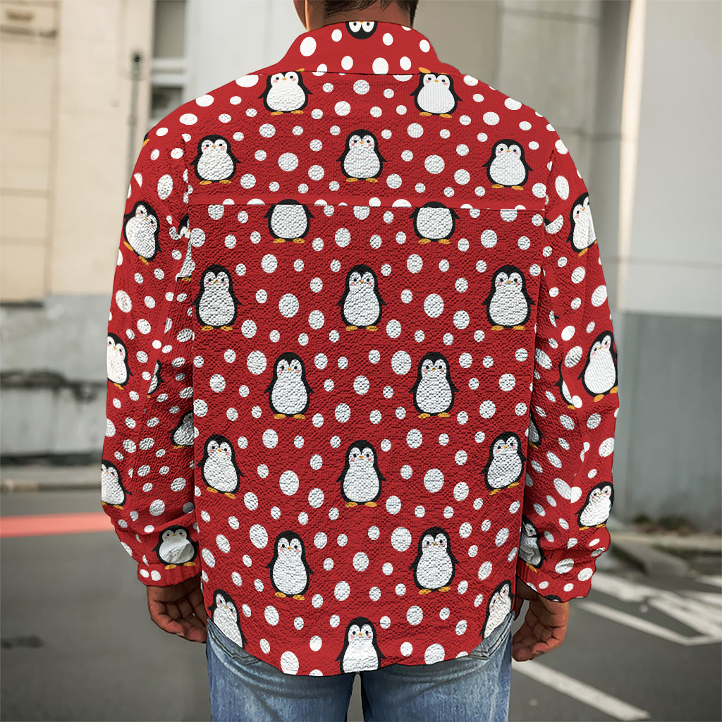 Red Snow Penguin Pattern Print Men's Shirt Jacket