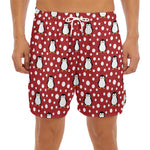Red Snow Penguin Pattern Print Men's Split Running Shorts