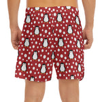 Red Snow Penguin Pattern Print Men's Split Running Shorts