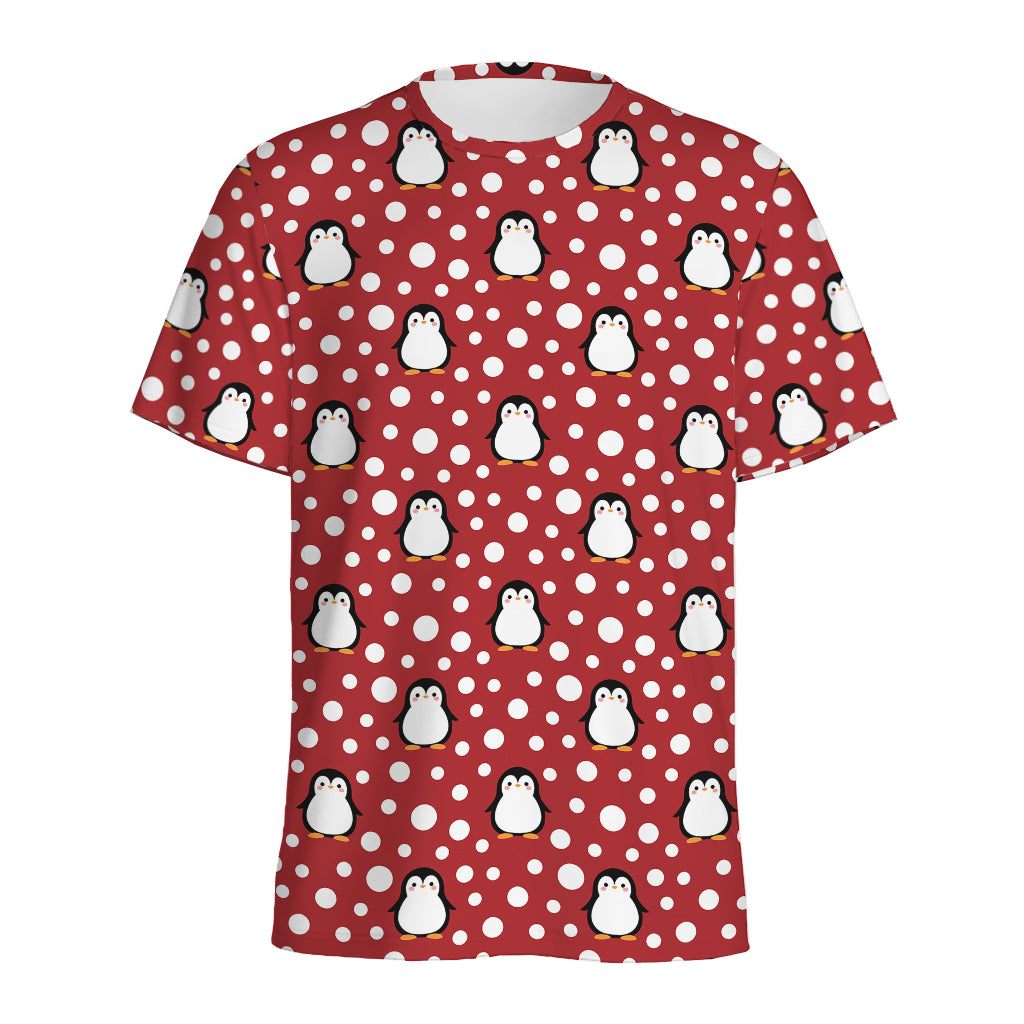 Red Snow Penguin Pattern Print Men's Sports T-Shirt