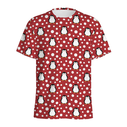 Red Snow Penguin Pattern Print Men's Sports T-Shirt