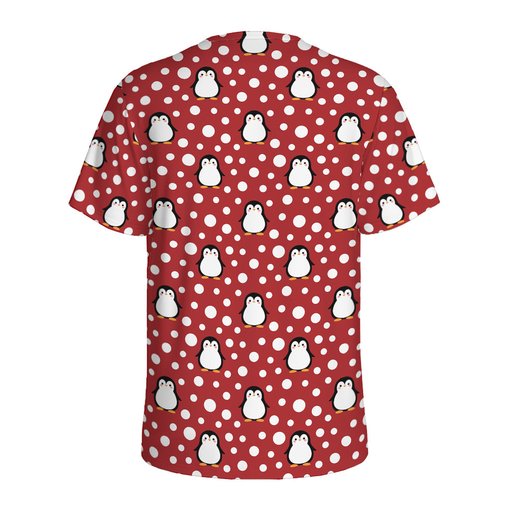 Red Snow Penguin Pattern Print Men's Sports T-Shirt