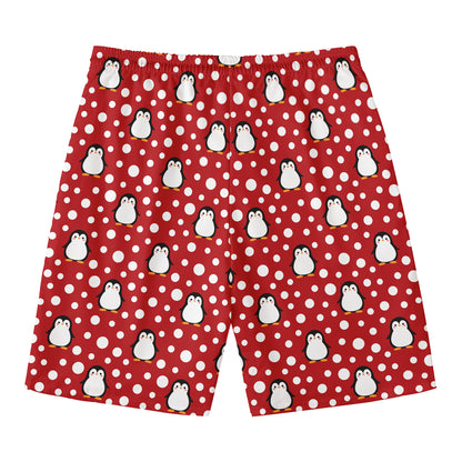 Red Snow Penguin Pattern Print Men's Swim Trunks