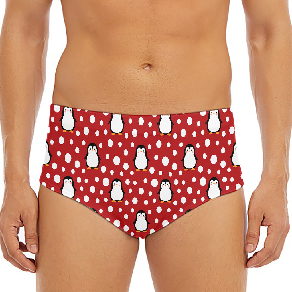 Red Snow Penguin Pattern Print Men's Triangle Swim Briefs