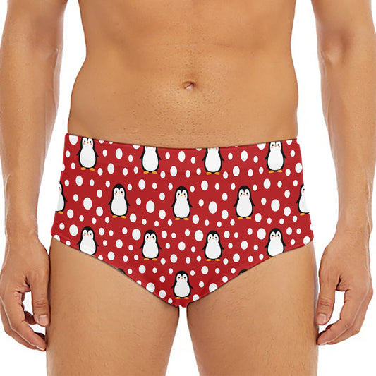 Red Snow Penguin Pattern Print Men's Triangle Swim Briefs