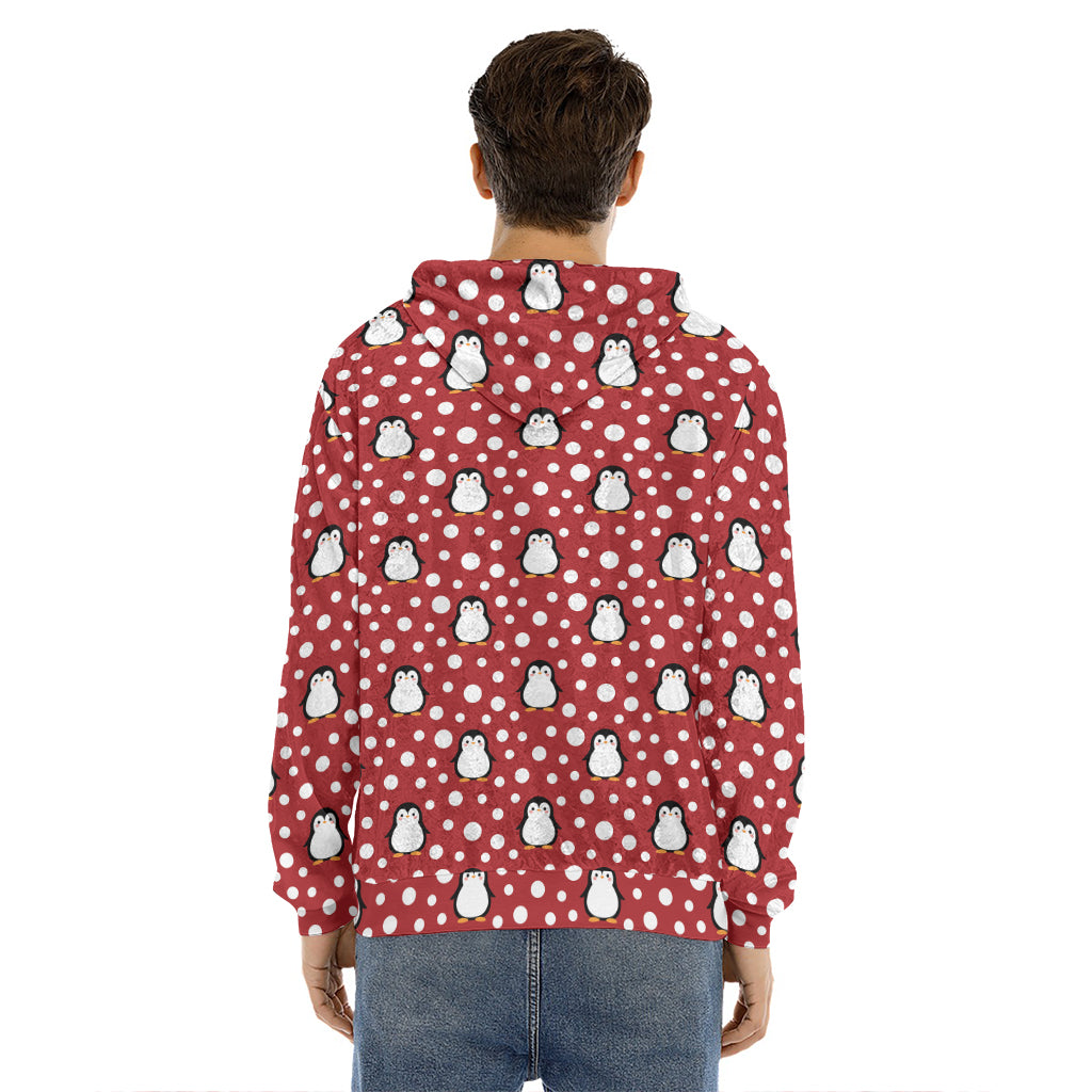 Red Snow Penguin Pattern Print Men's Velvet Pullover Hoodie