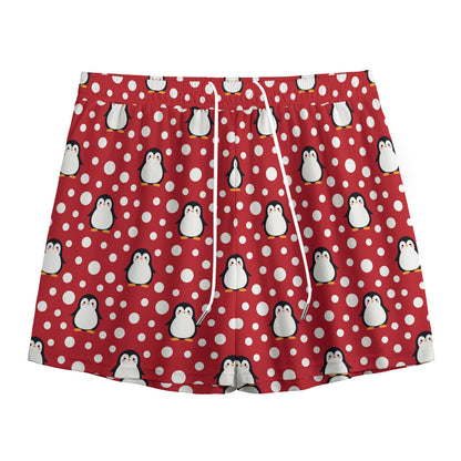 Red Snow Penguin Pattern Print Mesh Shorts