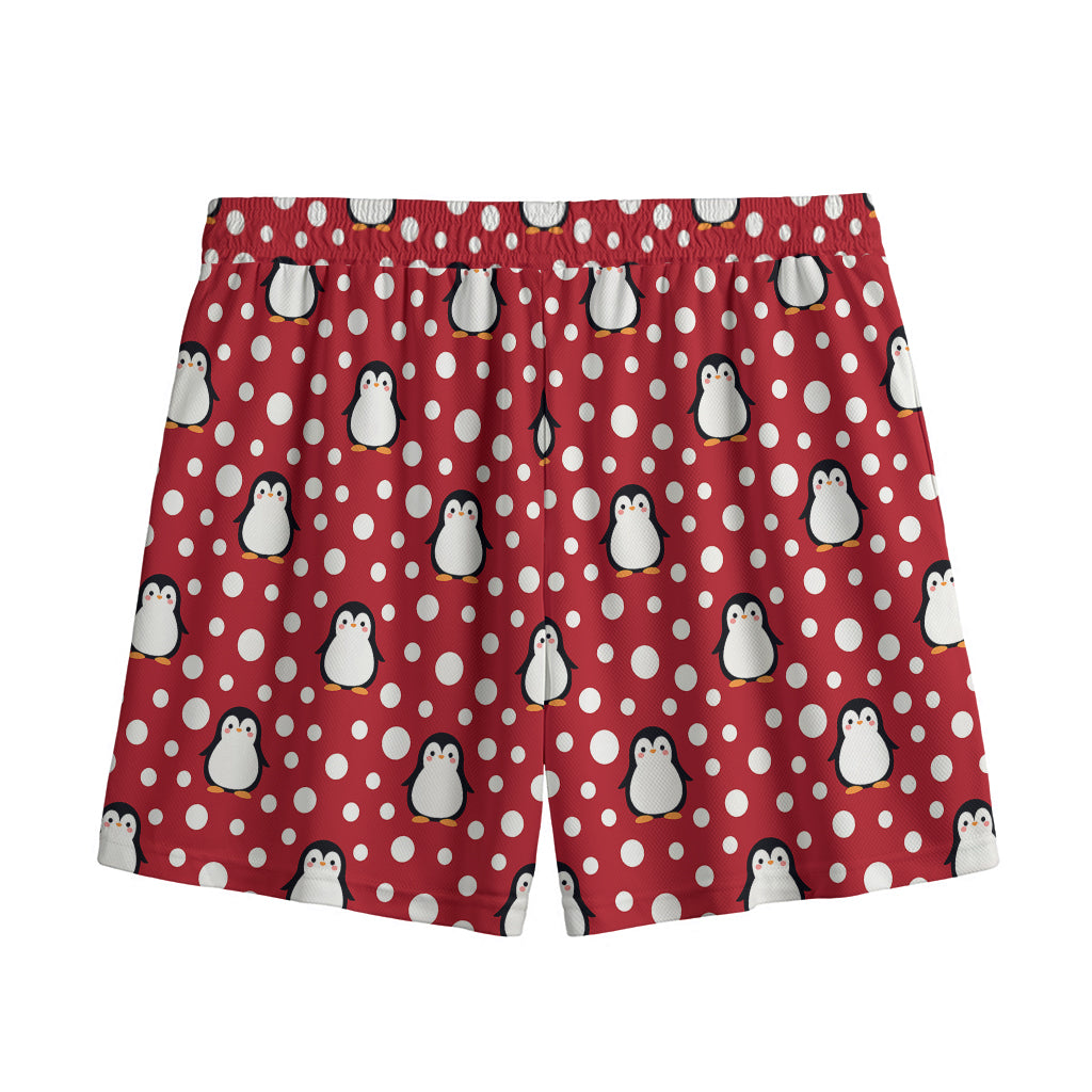 Red Snow Penguin Pattern Print Mesh Shorts