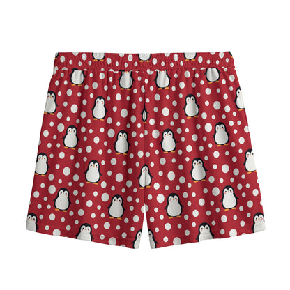 Red Snow Penguin Pattern Print Mesh Shorts