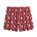 Red Snow Penguin Pattern Print Mesh Shorts
