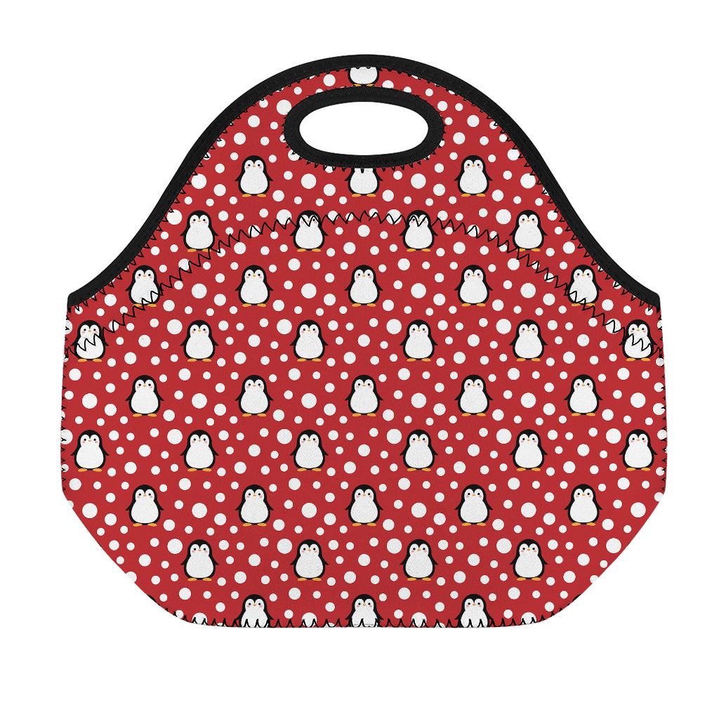 Red Snow Penguin Pattern Print Neoprene Lunch Bag