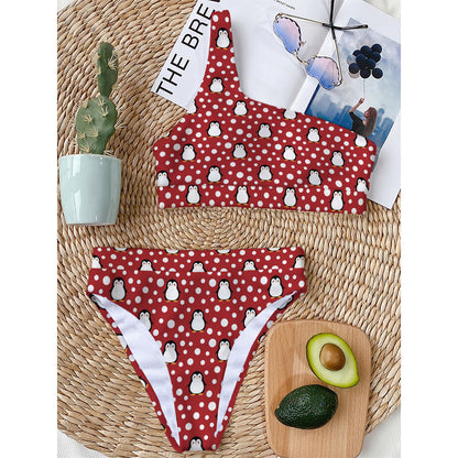 Red Snow Penguin Pattern Print One Shoulder Bikini Top