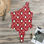 Red Snow Penguin Pattern Print One Shoulder Bodysuit