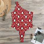 Red Snow Penguin Pattern Print One Shoulder Bodysuit