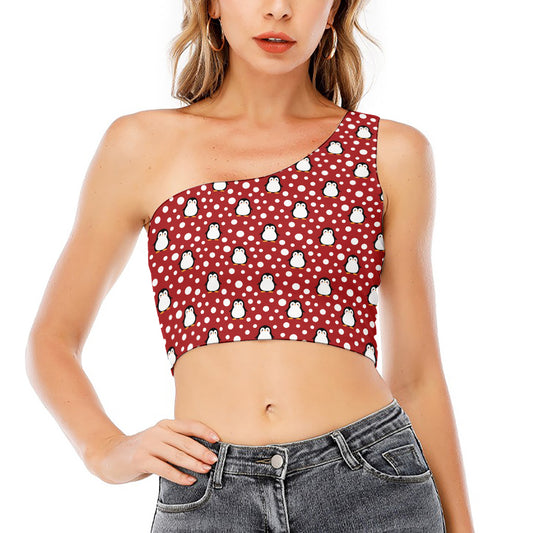 Red Snow Penguin Pattern Print One Shoulder Crop Top