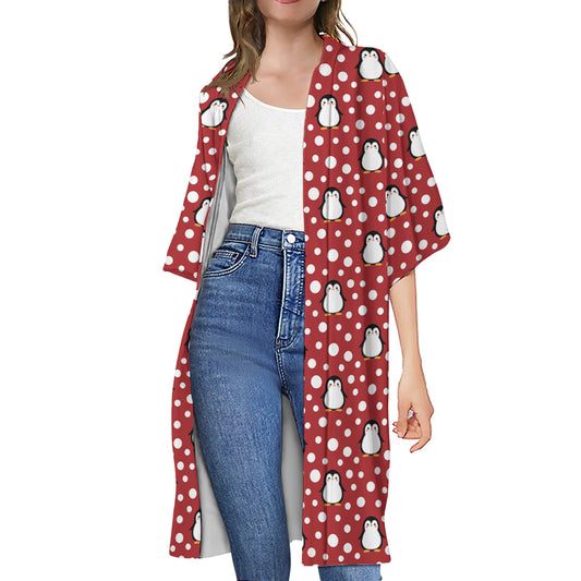 Red Snow Penguin Pattern Print Open Front Beach Cover Up