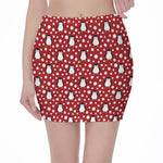 Red Snow Penguin Pattern Print Pencil Mini Skirt