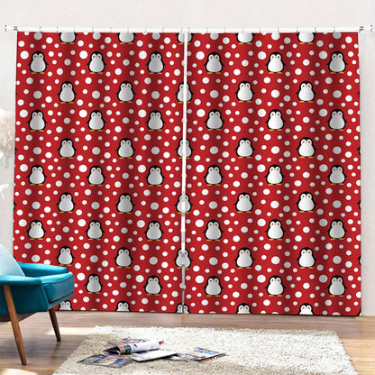 Red Snow Penguin Pattern Print Pencil Pleat Curtains