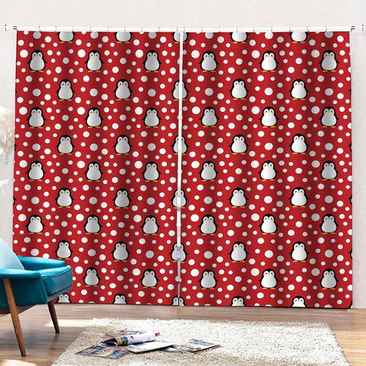 Red Snow Penguin Pattern Print Pencil Pleat Curtains