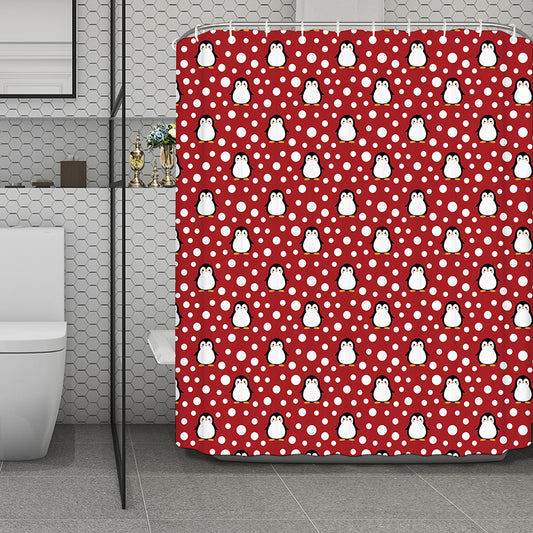 Red Snow Penguin Pattern Print Polyester Shower Curtain