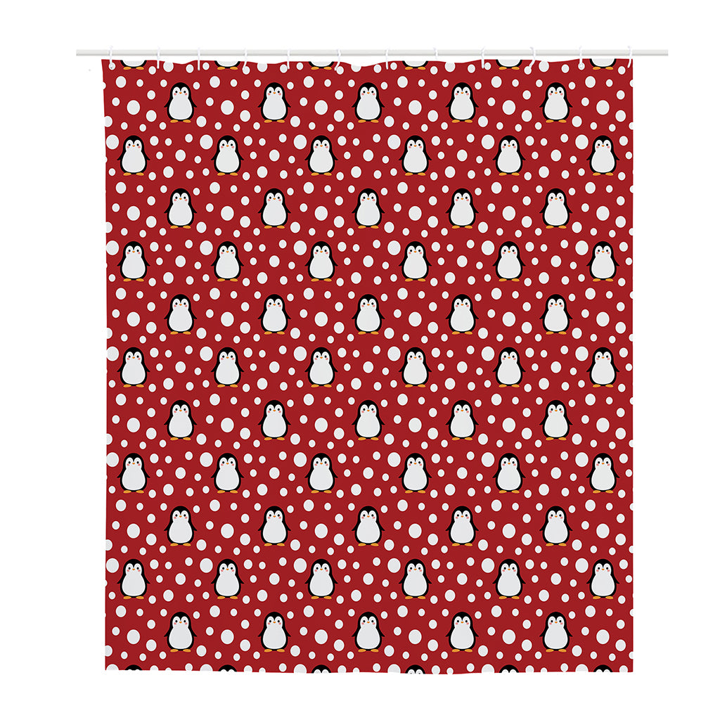 Red Snow Penguin Pattern Print Polyester Shower Curtain