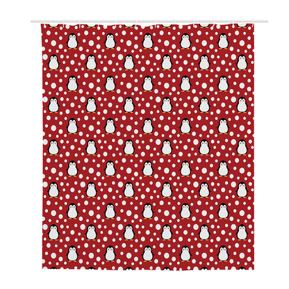 Red Snow Penguin Pattern Print Polyester Shower Curtain