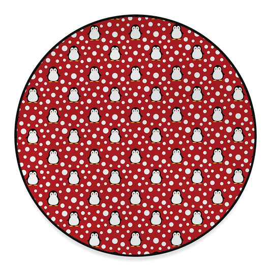 Red Snow Penguin Pattern Print Round Floor Mat