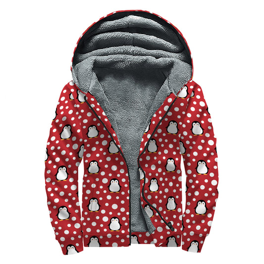 Red Snow Penguin Pattern Print Sherpa Lined Zip Up Hoodie