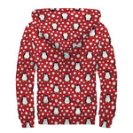 Red Snow Penguin Pattern Print Sherpa Lined Zip Up Hoodie