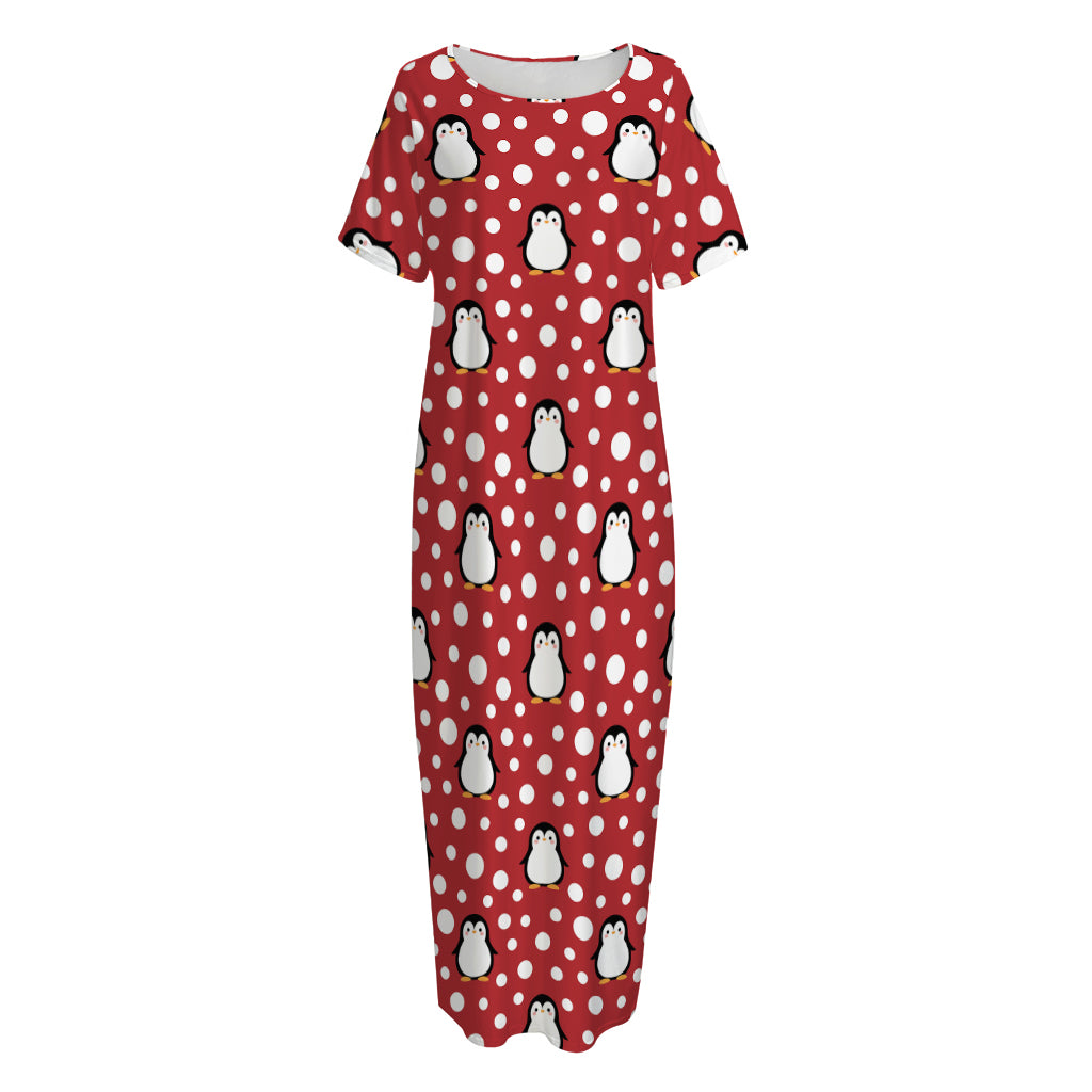 Red Snow Penguin Pattern Print Short Sleeve Long Nightdress