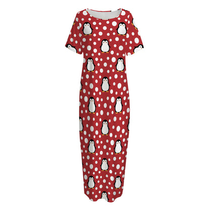 Red Snow Penguin Pattern Print Short Sleeve Long Nightdress