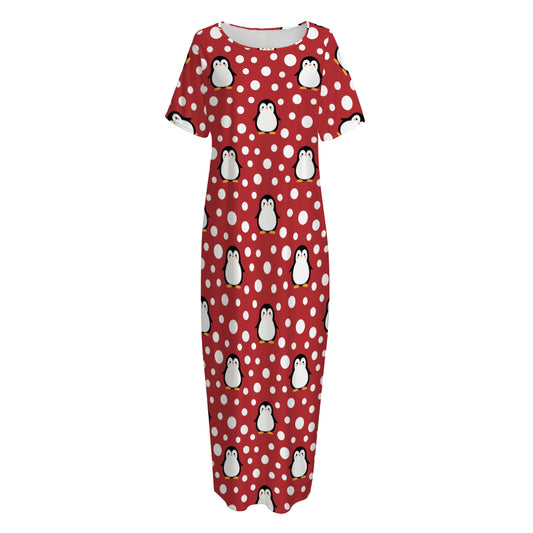 Red Snow Penguin Pattern Print Short Sleeve Long Nightdress