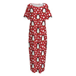 Red Snow Penguin Pattern Print Short Sleeve Long Nightdress