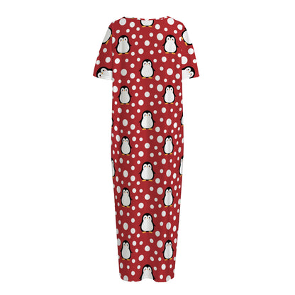 Red Snow Penguin Pattern Print Short Sleeve Long Nightdress